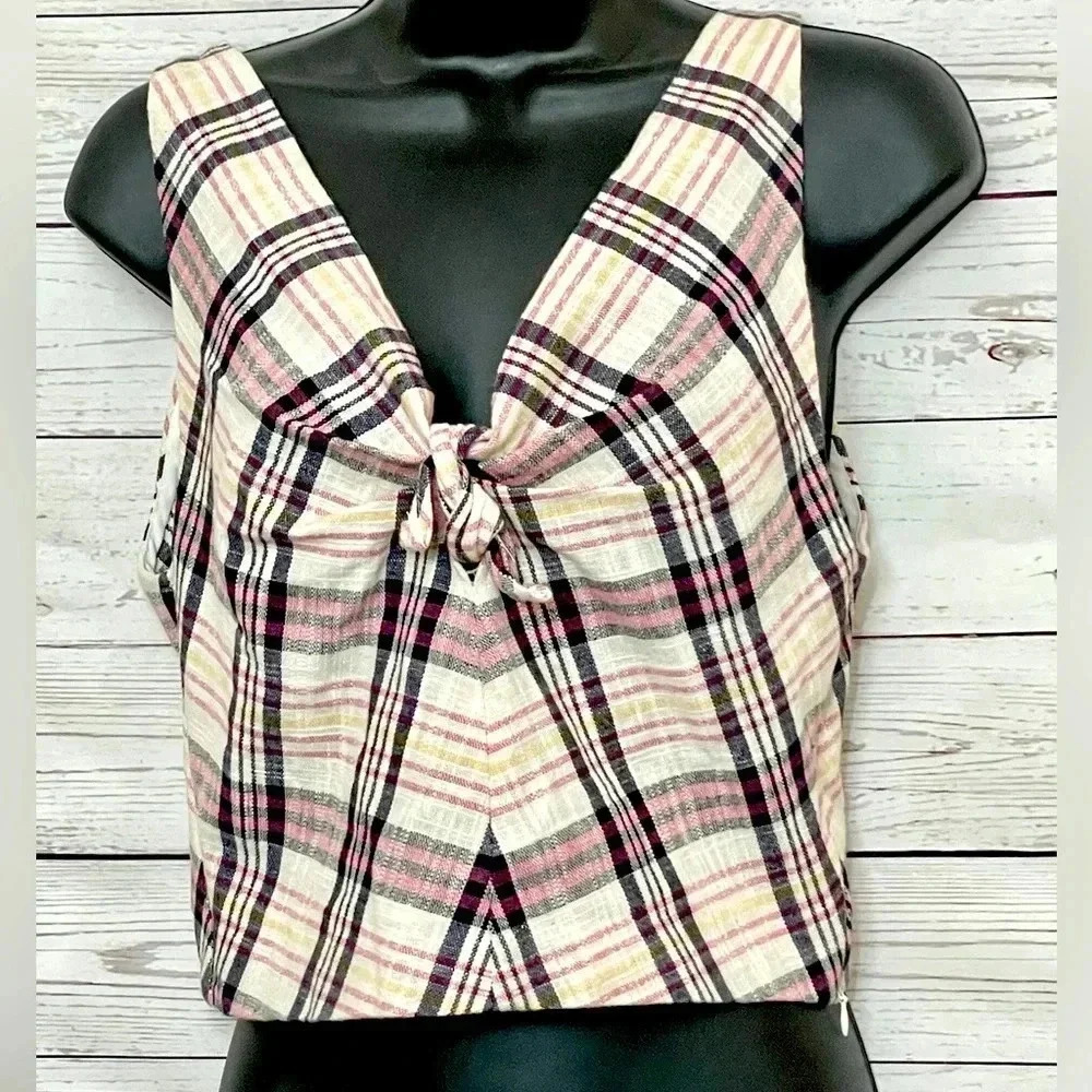 🎀EUC 🎀 Zara Womens TRF Plaid Crop Tank Top Sleeveless XS Bow Detail Pink Black - Picture 12 of 13